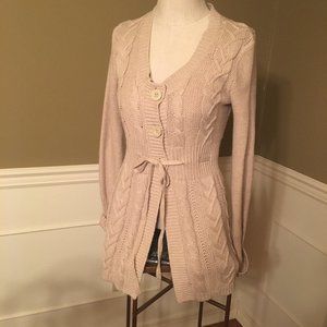 Cream Cotton Sweater, Long Cardigan Style - M